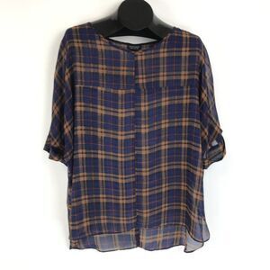 Topshop Sheer Plaid Open Back Blouse Women's Size 12 Scoop Neck Dolman Sleeves